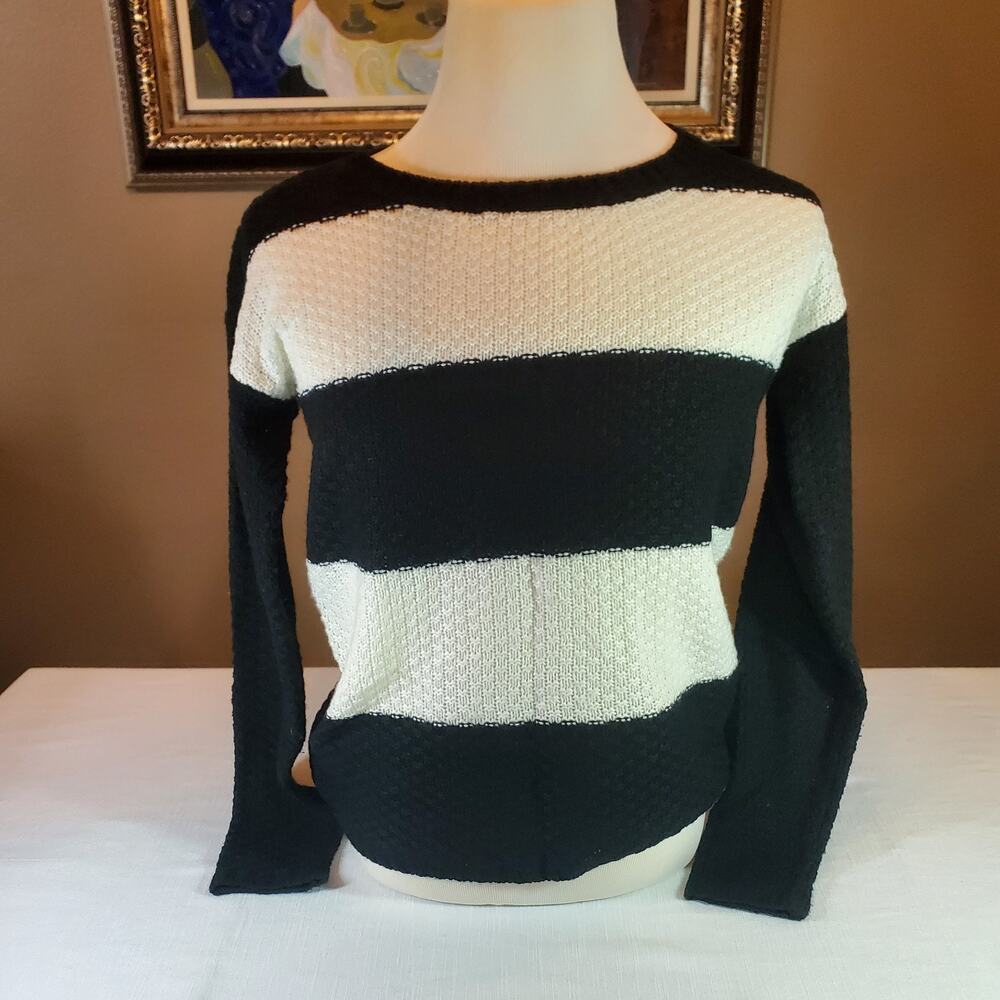 ana Womens Medium Black White Striped Knit Pullover Sweater Top